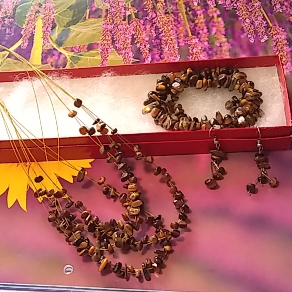 Necklace Earring Bracelet Set, Brown Stones